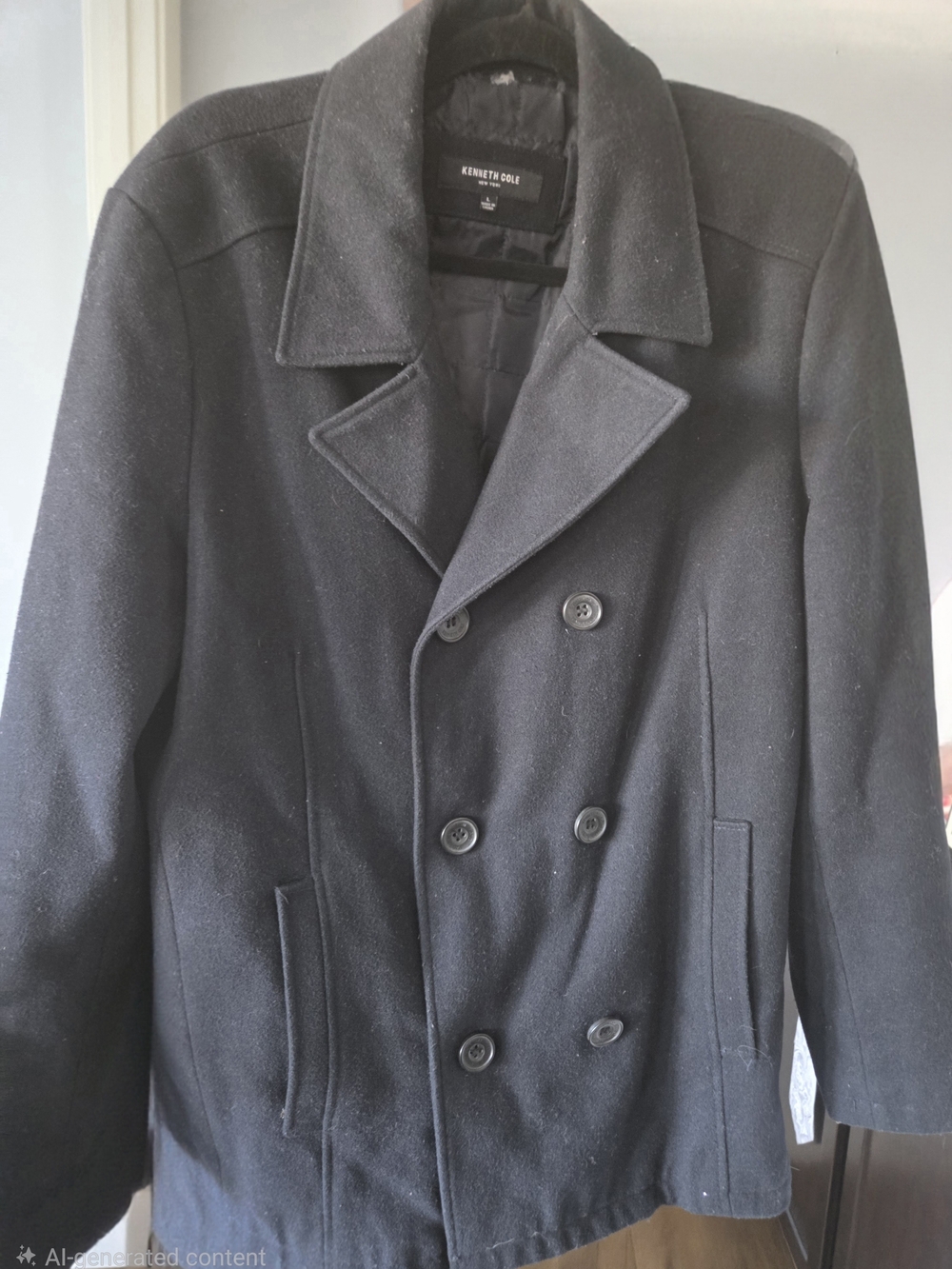 Kenneth Cole Black Double-Breasted Wool Peacoat